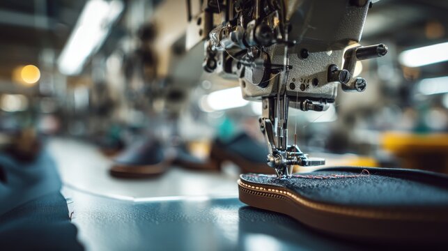 Industrial sewing machine stitching leather shoe in workshop setting - Powered by Adobe