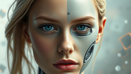 closeup view. A surreal portrait of a woman with half of her face and body human, and the other half exposed as a highly detailed humanoid robot.	
