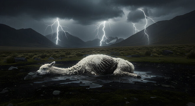 Andes Drama Lama Laying In A Puddle Against A Stormy Sky - Powered by Adobe
