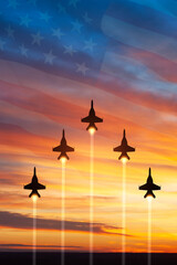 Air Force Day. Aircraft silhouettes on background of sunset with a transparent American flag....