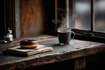 Rustic Vintage Breakfast: Cozy Natural Wood Table Featuring Hot Coffee and Delicious Sugary Pastry Donut Snack with Aromatic Steaming Beverage in Serene Morning Light Interior Setting