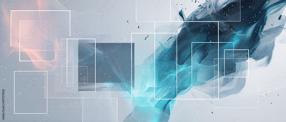 Poster dynamic interplay of translucent squares and flowing abstract elements background