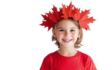 Little one with a paper maple leaf crown on their head displaying joy and happiness