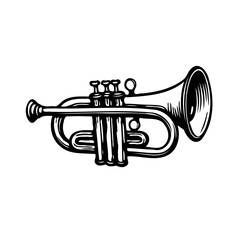 Vintage stylized trumpet sketch showcasing musical instrument intricacy in black and white © Rahma