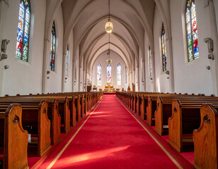 Majestic interior of a church with stained glass, wooden pews and red carpet. Represents faith, history and architectural beauty. Ideal for religious themes.