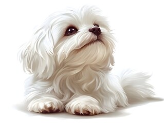 An adorable fluffy white Maltese puppy dog looks upward with sweet innocent eyes and a charming expression.