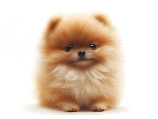 Obraz premium An adorable fluffy Pomeranian puppy sits against a pure white background looking directly at the camera with big expressive eyes.