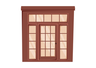 Vector isolated illustration of vintage wooden door with glass panels. Classic exterior entrance for home, cafe, shop facade design. Retro architecture detail on white background.
