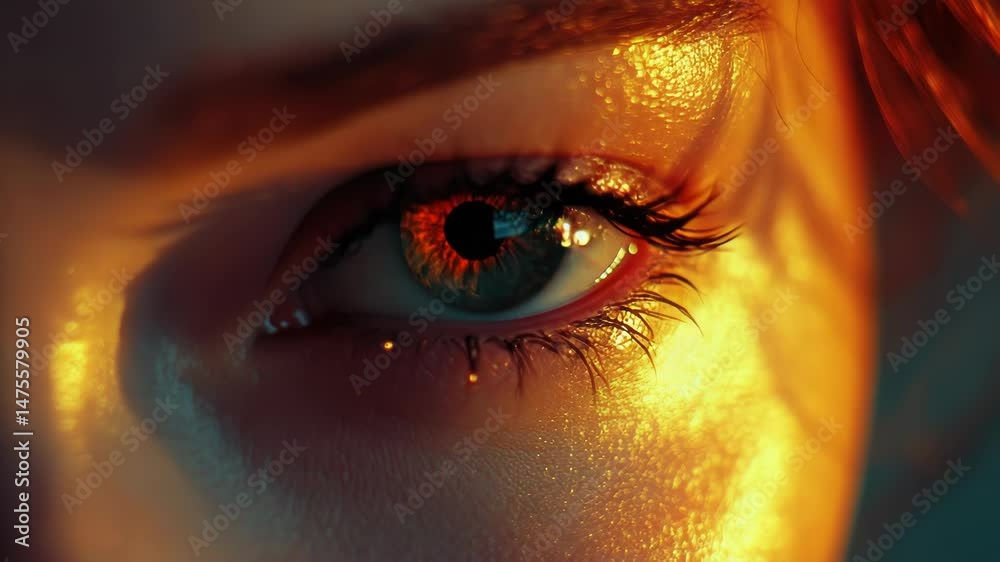 Poster a detailed view of an individual's eye with bright red locks, suitable for use in illustrations or p