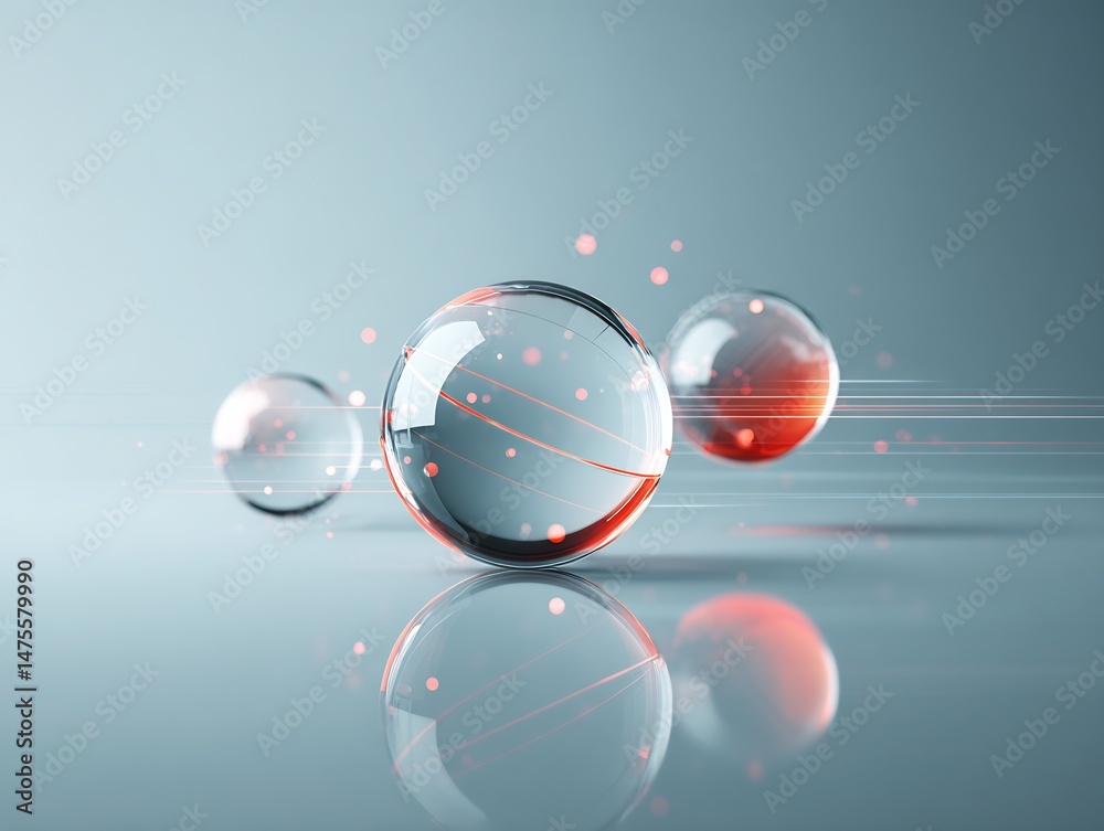 Poster abstract image of three translucent spheres on a reflective surface with light rays