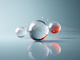 Abstract image of three translucent spheres on a reflective surface with light rays