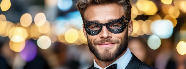 Handsome Man in Tuxedo and Venetian Mask Standing on Opera House Stage with Spotlight - Elegance, Formal Wear, Masked Ball, Theatrical Performance, Night Event