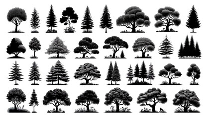 Silhouette Essentials – Timeless Black Tree & Bush Set Transparent Background PNG