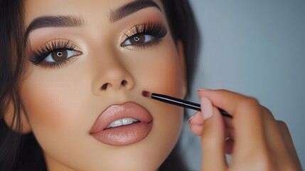 Fototapeta premium Professional makeup tutorial for beginners featuring eyeshadow contouring and lip enhancement techniques