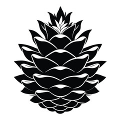 Detailed black and white pinecone drawing shows scales and layered foliage elegantly