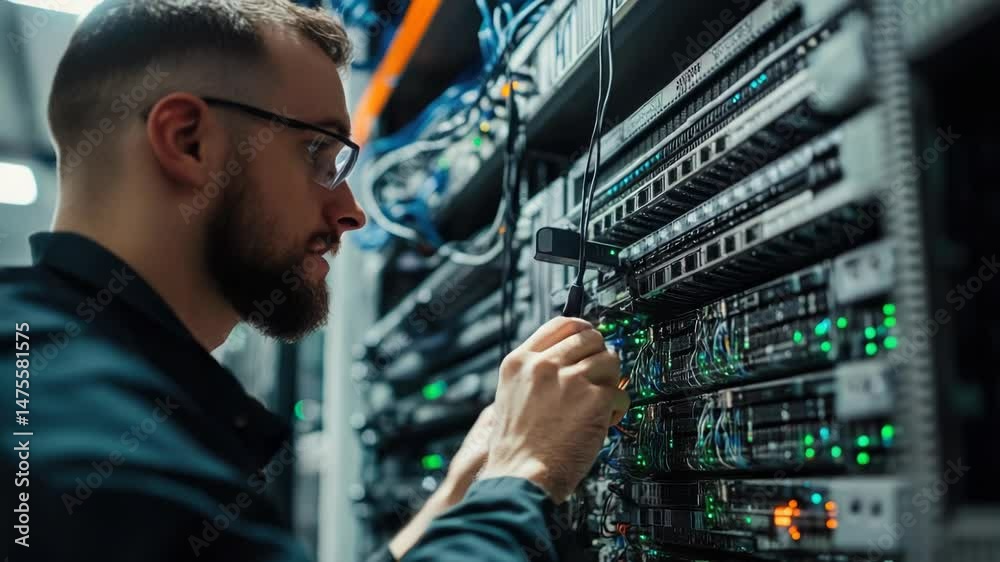 Poster Man working on a server in a server room
