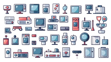 Illustrated cartoon vector icons of computer system technology parts for digital designs