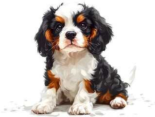 An adorable Cavalier King Charles Spaniel puppy sits on a white background posing for a charming pet portrait illustration.