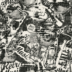 Abstract Jazz music theme seamless pattern with singing mouths, vinyl records and musical instruments. Vector background, wallpaper, wrapping paper, fabric, poster, cover, t-shirt design.