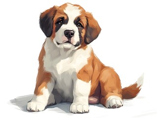 Obraz premium An adorable Saint Bernard puppy sits patiently, showcasing its charming features and fluffy fur against a clean white background.