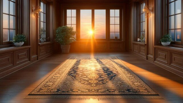 Oriental rug light, persian rugs glow under sunlight in antique interiors, timeless elegance shines through Persian rugs display, history lives in Persian rugs motion scenes, antique texture reveal