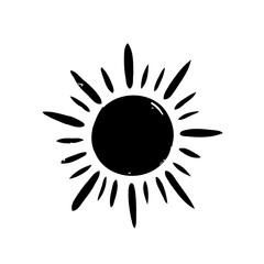 Stylized monochrome drawing of a sun with radiant abstract lines and a sphere