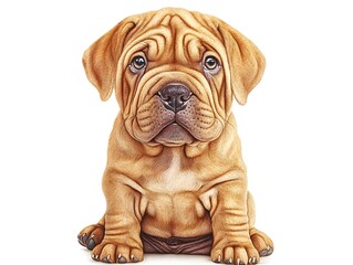 An adorable fawn-colored mastiff puppy sits patiently against a clean white background looking directly at the camera with big expressive eyes.