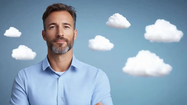 Man Gazing at Clouds: A mature man with a thoughtful expression gazes upward, seemingly lost in contemplation as fluffy white clouds drift across a light blue sky.