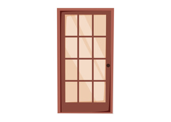 Vector illustration of vintage wooden door with glass panels. Classic retro entrance element for house, shop, or cafe facade. Isolated cartoon architecture detail on white background.