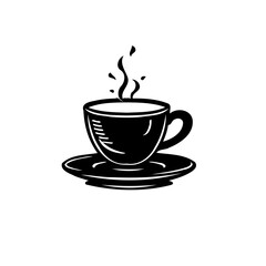 Monochrome illustration of a steamy beverage in an elegant ceramic cup set