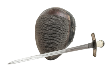 Close-up of a fencing mask and foil sword set with mesh detail showcasing precision and skill