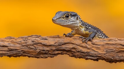 Obraz premium Green Lizard Resting on Branch Against Pastel Background, Close-Up Reptile Portrait with Copy Space for Nature, Wildlife, and Pet-Themed Visual Concepts