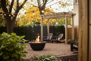 Serene Suburban Backyard Oasis with Fire Pit and Comfortable Seating