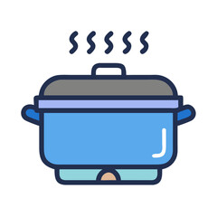 Blue Cooking Pot with Steam Icon on Black Background