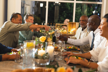 Seniors enjoying dinner party, toasting with wine glasses, sharing laughter and joy