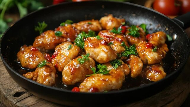 A savory dish featuring a pan filled with meat, covered in tangy sauce and garnished with fresh parsley