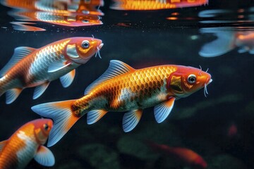 Naklejka premium Koi Fish Swim Gracefully in Clear Water Pond
