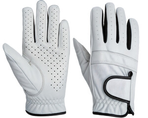 A pair of white leather golf gloves with ventilation holes laid flat on a  isolated on transparent background, Generative ai. showing palms
