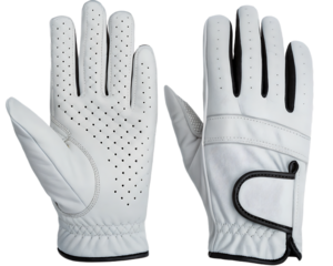 A pair of white leather golf gloves with ventilation holes laid flat on a  isolated on transparent background, Generative ai. showing palms