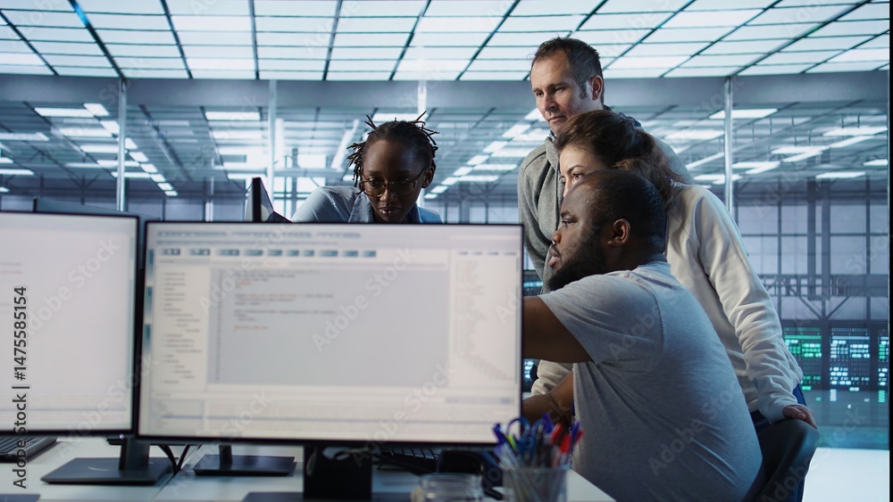 Poster multiethnic team of engineers working in server hub, using pcs to analyze data. multiracial group of