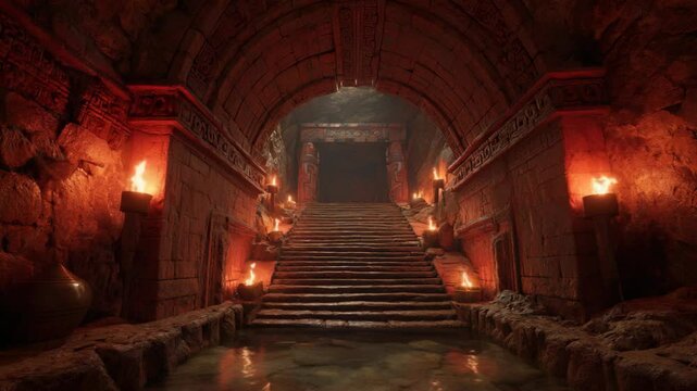 ancient temple made of rock in cave with pool, mysterious fantasy world background