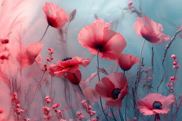 A close-up view of a field of vibrant pink poppies, showcasing soft colors and delicate textures.