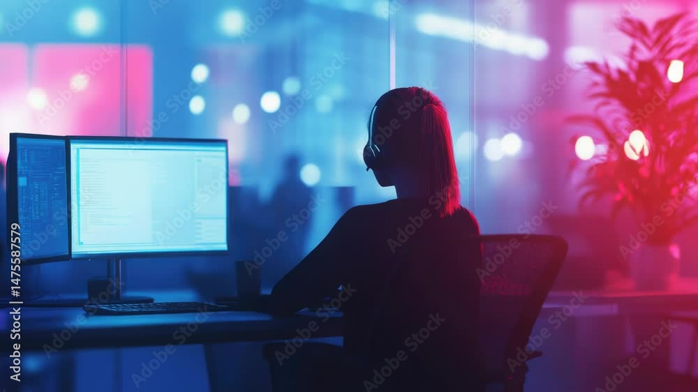 Poster a woman sits in front of a computer monitor, focused on her task