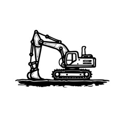 Bold line art illustration of a tracked excavator on a textured ground surface