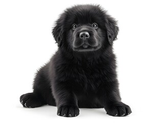 An adorable black Newfoundland puppy sits attentively against a pure white background showcasing its fluffy coat and endea gaze.