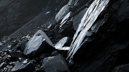Fototapeta premium Dark grey slate rocks in quarry, industrial mining background, texture for design