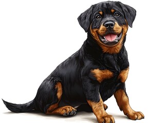 Obraz premium An adorable Rottweiler puppy sits patiently, showcasing its charming black and tan coat against a clean white background.