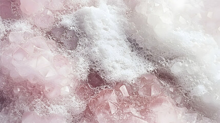 Fototapeta premium Pink crystals submerged in white foam, close-up texture shot; ideal for beauty, spa, or wellness backgrounds