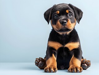 Fototapeta premium An adorable Rottweiler puppy sits attentively against a pale blue background in a studio portrait.