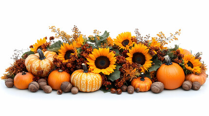 Autumnal display of sunflowers, pumpkins, and fall foliage. A vibrant arrangement of sunflowers, pumpkins in various colors, and dried foliage, creating a festive fall display